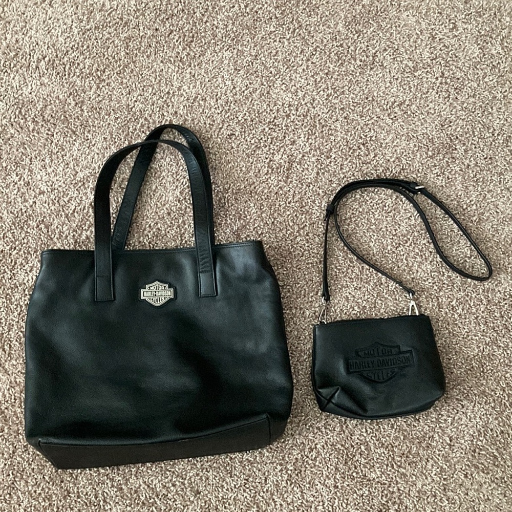 Harley-Davidson! 2 Black Leather Bags: UNIQUELY-LINED Tote & Classic Crossbody